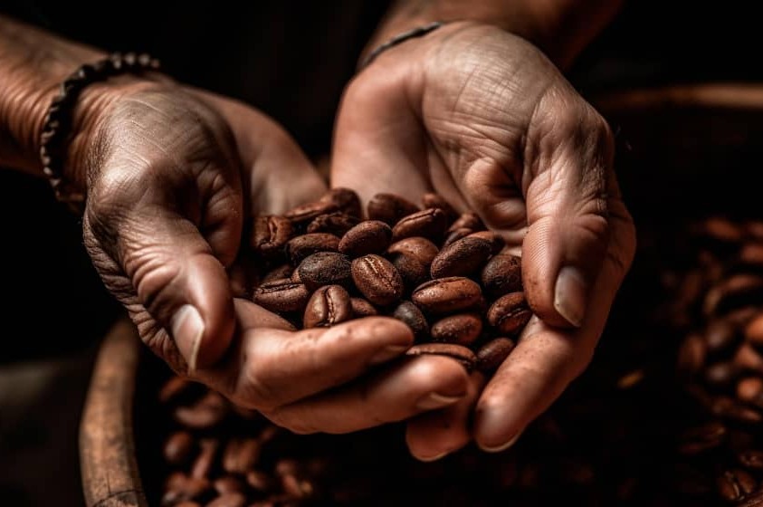 Ethiopian Coffee Beans from a fresh batch held in hands